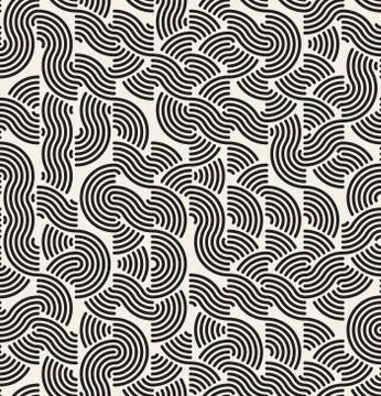Vector Seamless Black and White Rounded Lines Irregular Retro Pattern Stock Illustration