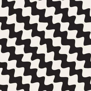 Vector Seamless Black and White Hand Drawn Diagonal Wavy Zigzag Lines Pattern Illustrazione stock
