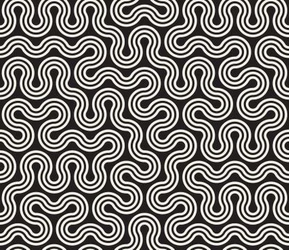 Vector Seamless Black and White Tangled Round Stripes Geometric Pattern 스톡 일러스트