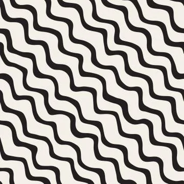 Vector Seamless Black and White Hand Drawn Wavy Diagonal Stripes Pattern Stock Illustration