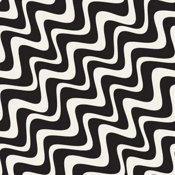 Vector Seamless Black and White Hand Drawn Wavy Diagonal Stripes Pattern Stock Illustration