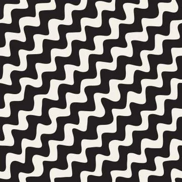 Vector Seamless Black and White Hand Drawn ZigZag Diagonal Stripes Pattern Stock Illustration