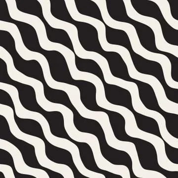 Vector Seamless Black and White Hand Drawn Wavy Diagonal Stripes Pattern Stock Illustration