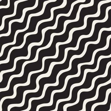 Vector Seamless Black and White Hand Drawn Wavy Diagonal Stripes Pattern Illustrazione stock