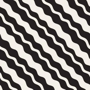 Vector Seamless Black and White Hand Drawn Diagonal Wavy Lines Pattern Stock Illustration