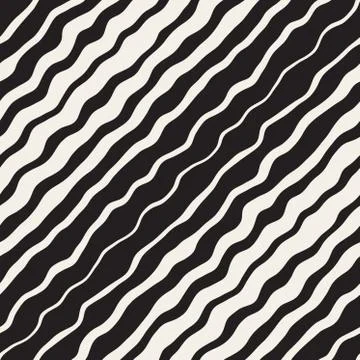 Vector Seamless Black and White Hand Drawn Diagonal Wavy Stripes Pattern Stock Illustration