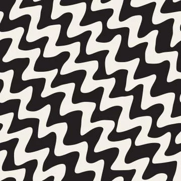 Vector Seamless Black and White Hand Drawn Diagonal Wavy Zigzag Lines Pattern Stock Illustration
