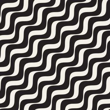 Vector Seamless Black and White Diagonal Wavy Lines Pattern Stock Illustration