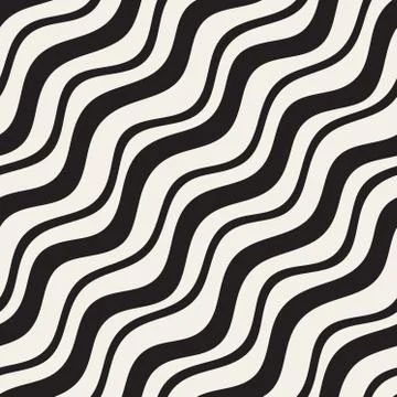 Vector Seamless Black and White Hand Drawn Diagonal Wavy Lines Pattern Stock Illustration