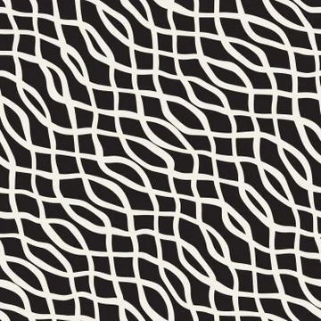 Vector Seamless Black and White Hand Drawn Wavy Interlacing Lines Pattern Stock Illustration