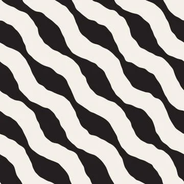 Vector Seamless Black and White Hand Drawn Wavy Diagonal Stripes Pattern Stock Illustration