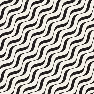 Vector Seamless Black and White Hand Drawn Diagonal Wavy Lines Pattern Stock Illustration