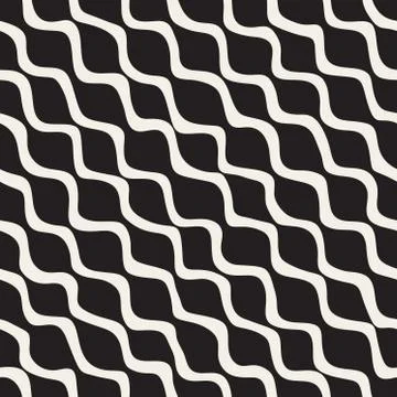 Vector Seamless Black and White Hand Drawn Diagonal Wavy Lines Pattern Stock Illustration