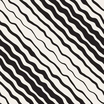 Vector Seamless Black and White Hand Drawn Diagonal Wavy Stripes Pattern Stock Illustration