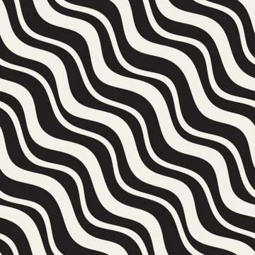 Vector Seamless Black and White Hand Drawn Diagonal Wavy Lines Pattern Stock Illustration