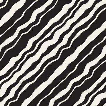 Vector Seamless Black and White Hand Drawn Diagonal Wavy Lines Pattern Stock Illustration
