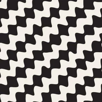 Vector Seamless Black and White Hand Drawn Diagonal Wavy Zigzag Lines Pattern Illustrazione stock