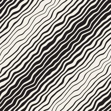Vector Seamless Black and White Hand Drawn Diagonal Wavy Lines Pattern Stock Illustration