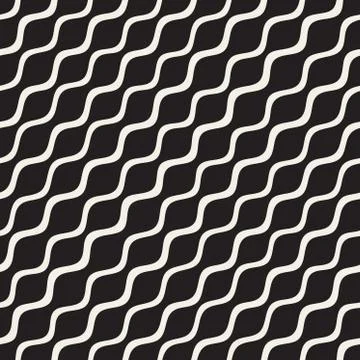 Vector Seamless Black and White Hand Drawn Diagonal Wavy Lines Pattern Stock Illustration
