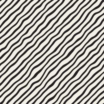 Vector Seamless Black and White Hand Drawn Diagonal Wavy Lines Pattern Stock Illustration