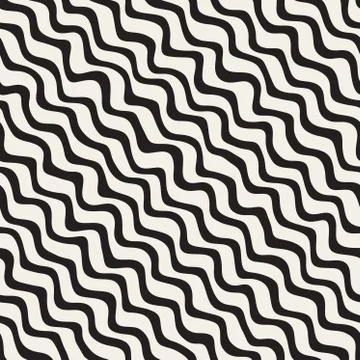 Vector Seamless Black and White Hand Drawn Diagonal Wavy Lines Pattern Stock Illustration