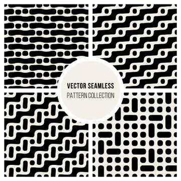 Vector Seamless Black And White Rounded Dashed Lines  Dots Pattern Collection Stock Illustration
