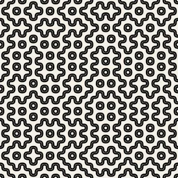 Vector Seamless Black And White Rounded Geometric Lines  Dots Pattern 스톡 일러스트