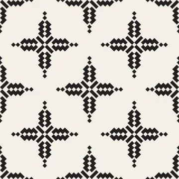 Vector Seamless Black And White Simple Cross Ethnic Square Pattern Stock Illustration