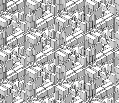 Vector Seamless Black And White Shaded Isometric Blocks Cubic City Composition Illustrazione stock