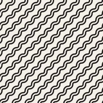 Vector Seamless Black And White Simple Diagonal Wavy Lines Pattern Stock Illustration