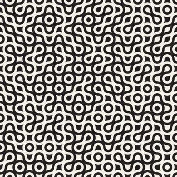 Vector Seamless Black and White Circles Rounded Maze Halftone Truchet Pattern Stock Illustration
