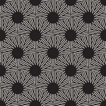 Vector Seamless Black and White Optical Art ZigZag Rays Round Circles Pattern 스톡 일러스트
