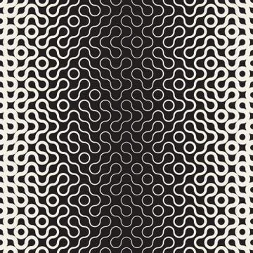 Vector Seamless Black and White Round Line Gradient Halftone Truchet Pattern Stock Illustration