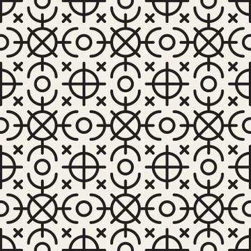 Vector Seamless Black and White Geometric Ethnic Circle Line Ornament Pattern Stock Illustration