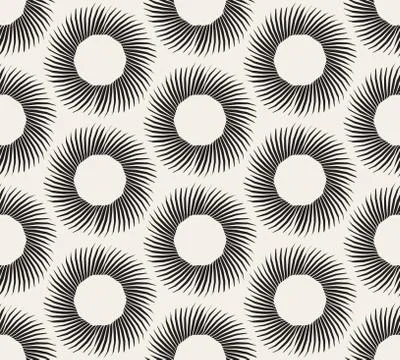 Vector Seamless Black and White Geometric Hand Drawn Circle Rays Line Pattern Stock Illustration