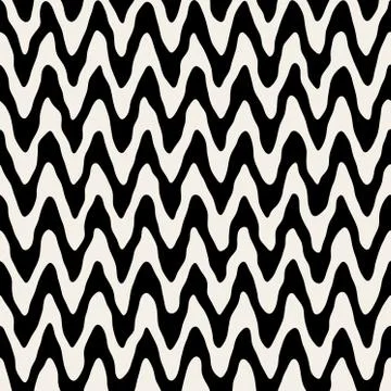Vector Seamless Black and White Rounded Rough Hand Painted Wavy Lines Pattern イラスト素材