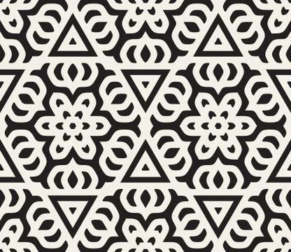 Vector Seamless Black and White Rounded Star Floral Oriental Line Pattern Stock Illustration