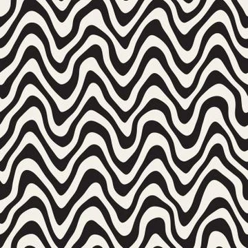 Vector Seamless Black and White Rounded Rough Hand Painted Wavy Lines Pattern イラスト素材