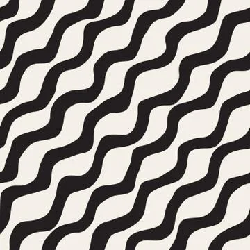 Vector Seamless Black and White Hand Drawn Wavy Diagonal Stripes Pattern Stock Illustration