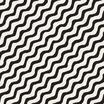 Vector Seamless Black and White Hand Drawn Wavy Diagonal Stripes Pattern Stock Illustration