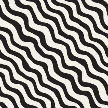 Vector Seamless Black and White Hand Drawn Wavy Diagonal Stripes Pattern Stock Illustration