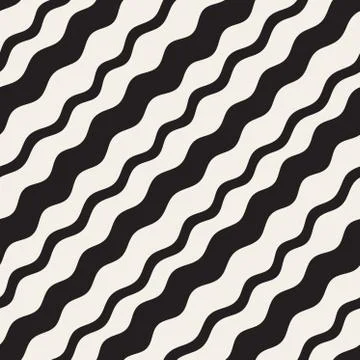 Vector Seamless Black and White Hand Drawn Diagonal Wavy Lines Pattern Stock Illustration