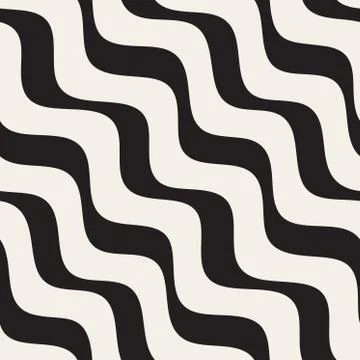Vector Seamless Black and White Hand Drawn Diagonal Wavy Lines Pattern Stock Illustration