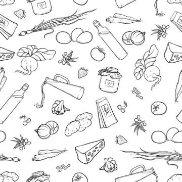Vector seamless black and white pattern sketch illustration of a set organic Stock Illustration