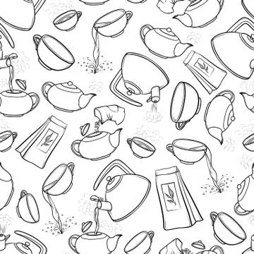 Vector seamless black and white pattern sketch illustration tea brew procedure Stock Illustration