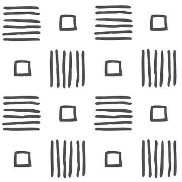 Vector seamless black and white geometric pattern of hand-drawn squares and s Stock Illustration