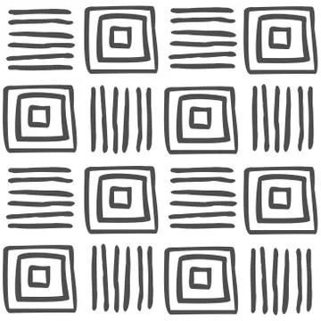 Vector seamless black and white geometric pattern of hand-drawn squares and s Stock Illustration