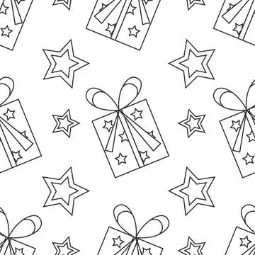 Vector seamless black and white pattern. Gift and stars Stock Illustration