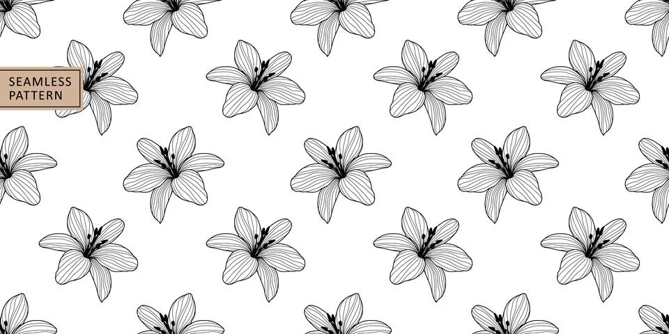 Vector seamless black and white pattern with lily flowers Stock Illustration