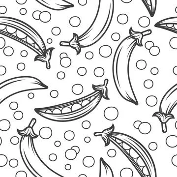 Vector Seamless Black and White Pattern with Flat Green Pea Pod. Cartoon Green 库存插图